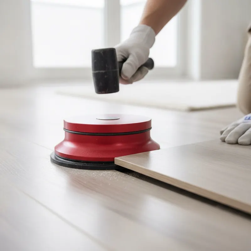 A person using a suction cup tool and rubber mallet to perform a DIY repair on a gapped vinyl floor plank.