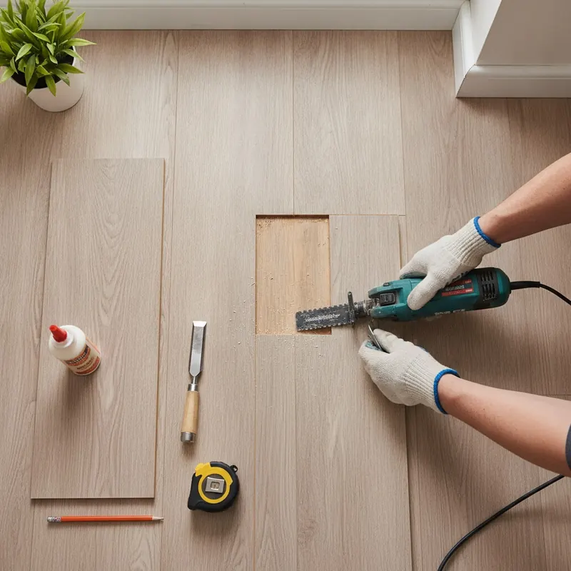 A top-down view of hands using a multi-tool to cut a damaged floor plank, with other repair tools neatly arranged nearby.