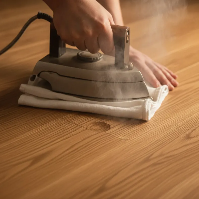 Close-up of a person using an iron and damp cloth to steam a dent out of a hardwood floor.