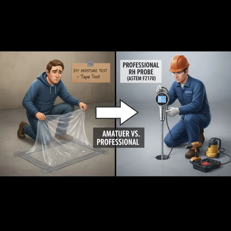 Comparison of DIY tape test showing condensation versus a professional using an in-situ RH probe for accurate moisture testing.