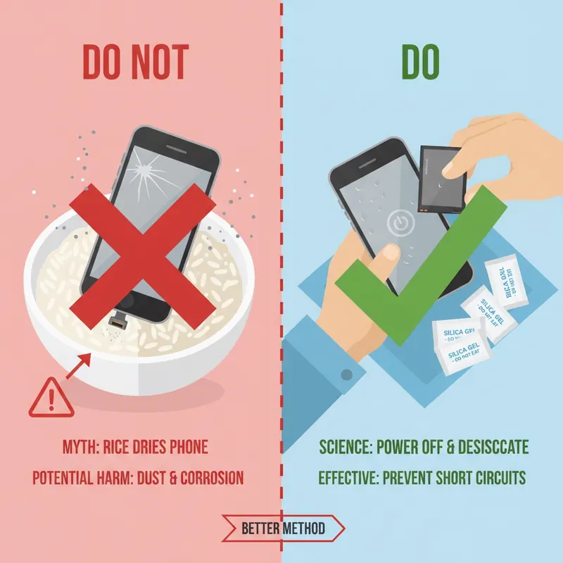 A dynamic, split-panel infographic showing a smartphone in rice with a red X and a hand powering down a wet smartphone with silica gel packets with a green checkmark.