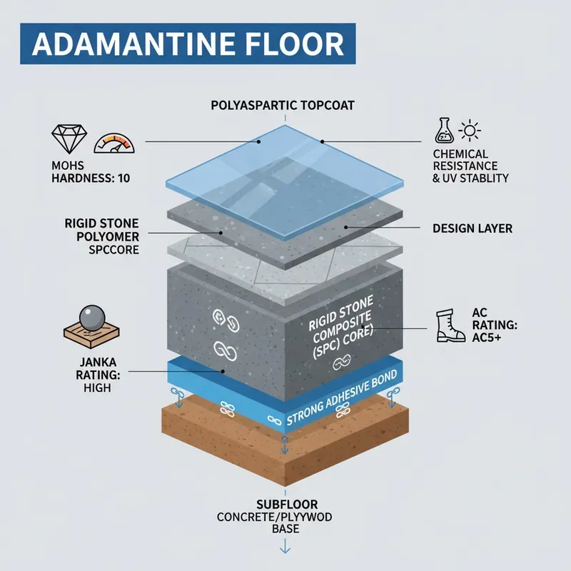 Infographic showing layers of an adamantine floor with icons for Mohs hardness, Janka scale, and AC rating, emphasizing chemical resistance and UV stability.