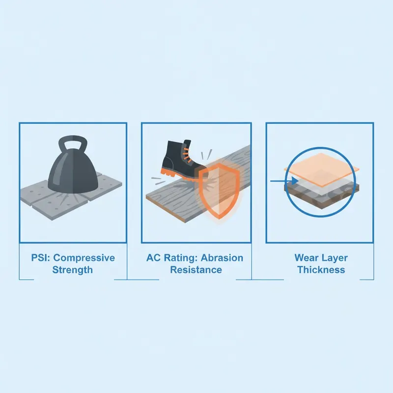 Infographic explaining Janka Hardness Scale for wood, AC (Abrasion Class) Rating for laminate, and Mil Wear Layer for LVP, with recommended values for pet homes.