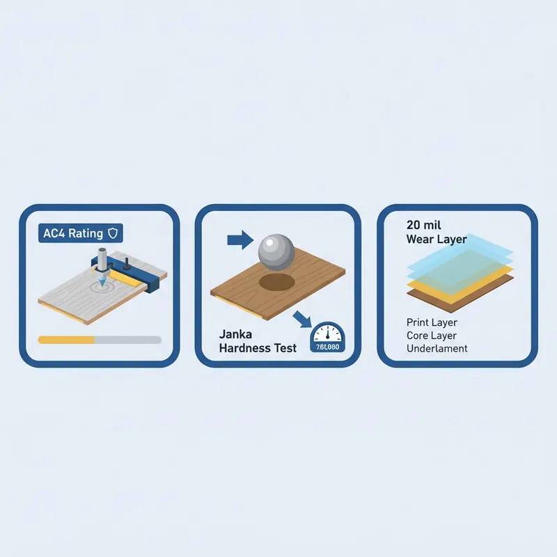 Infographic icons explaining flooring durability: an AC rating test on laminate, a Janka hardness test on wood, and a cross-section of an LVP wear layer.