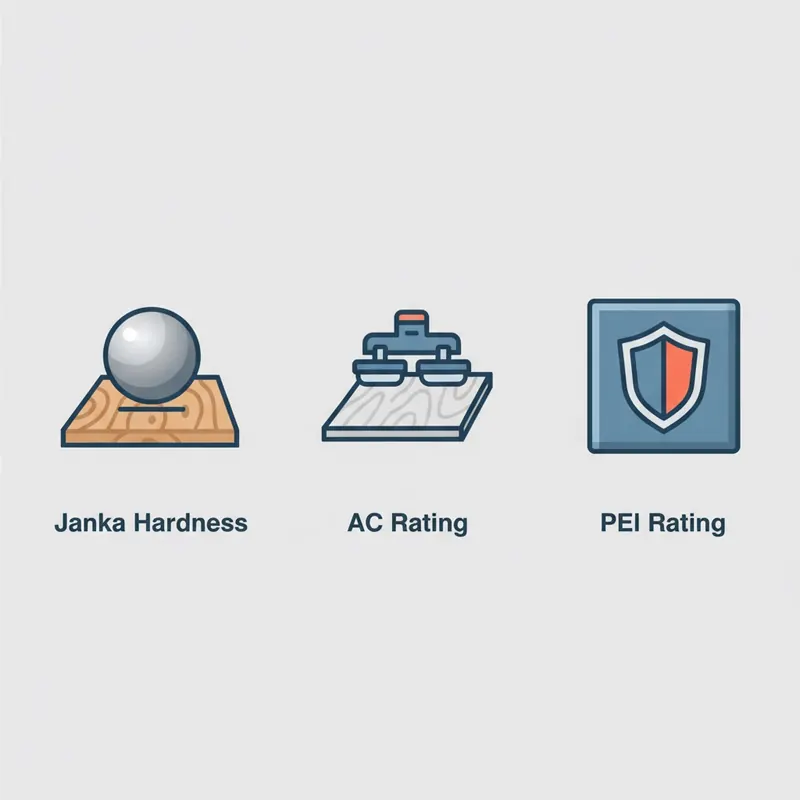 Infographic illustrating flooring durability ratings: Janka Hardness test for wood, AC Rating for laminate, and PEI Rating for tile.