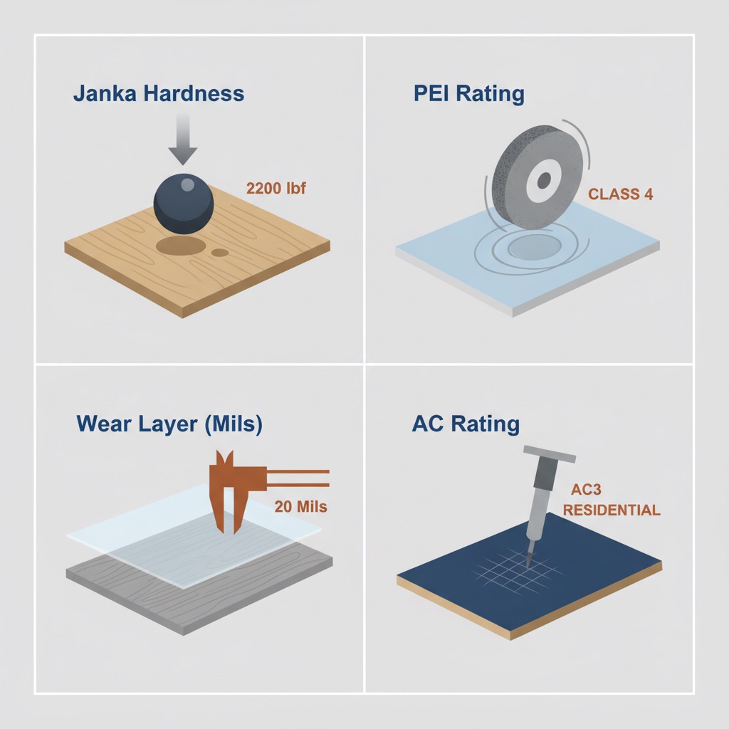 Infographic illustrating four flooring durability tests: Janka Hardness for wood, PEI Rating for tile, Wear Layer for vinyl, and AC Rating for laminate.