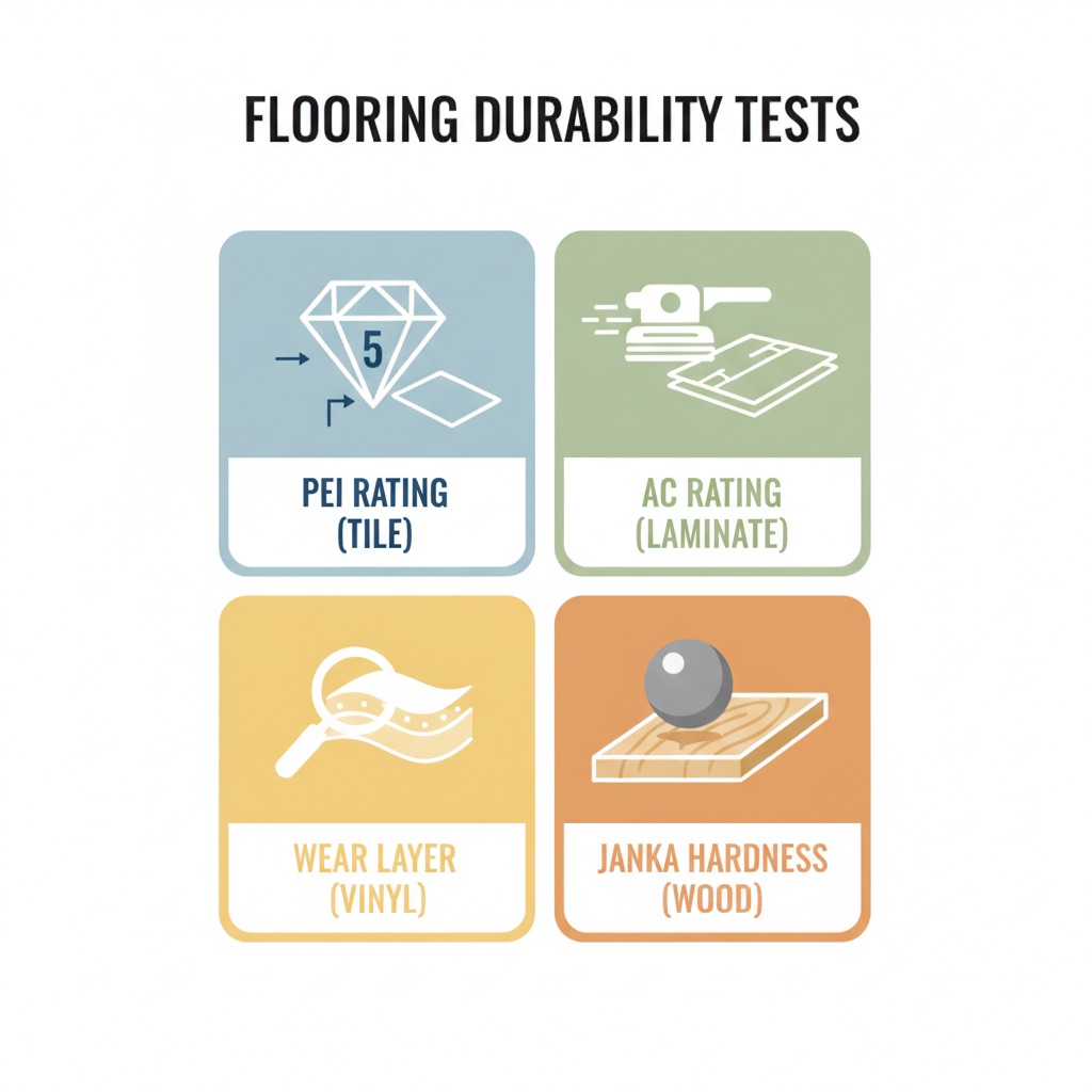 Infographic illustrating four flooring durability ratings: PEI rating for tile, AC rating for laminate, Wear Layer for vinyl, and Janka Hardness for wood.