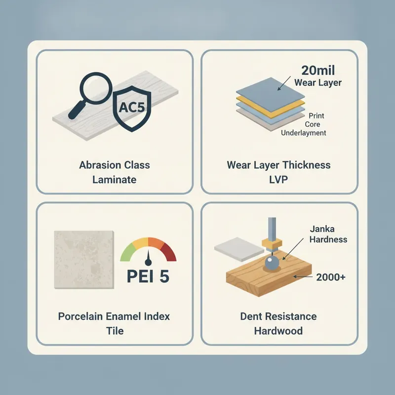 A clean, modern infographic illustration with four distinct sections against a neutral background. Each section highlights a flooring durability metric: one shows a magnifying glass over a laminate plank with a shield icon labeled 'AC5'; another shows a cross-section of LVP highlighting a thick '20mil Wear Layer'; a third shows a tile with a toughness meter pointing to 'PEI 5'; the last shows a diagram of the Janka Hardness test on hardwood. Style: flat design, clear iconography, educational and easy to understand.