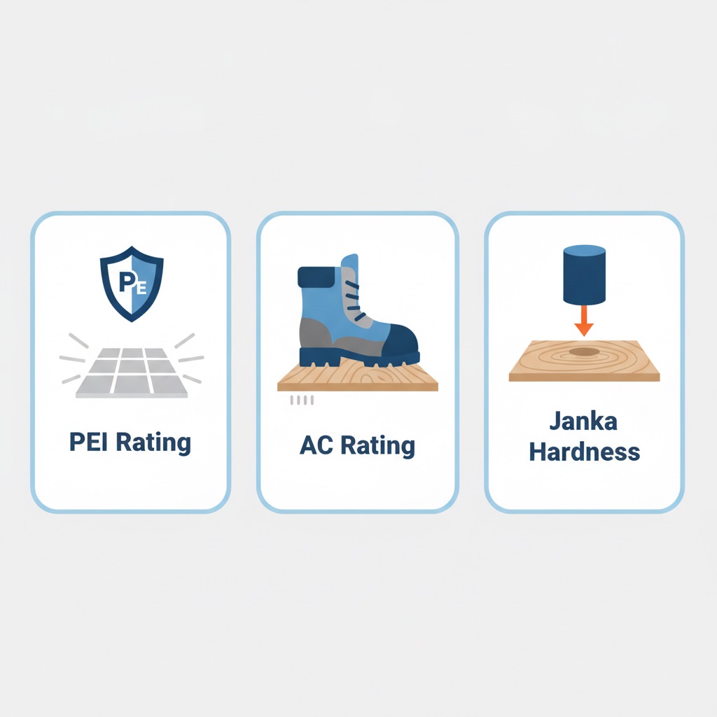 Infographic illustrating three flooring durability ratings: PEI Rating for tile, AC Rating for laminate, and Janka Hardness for wood.