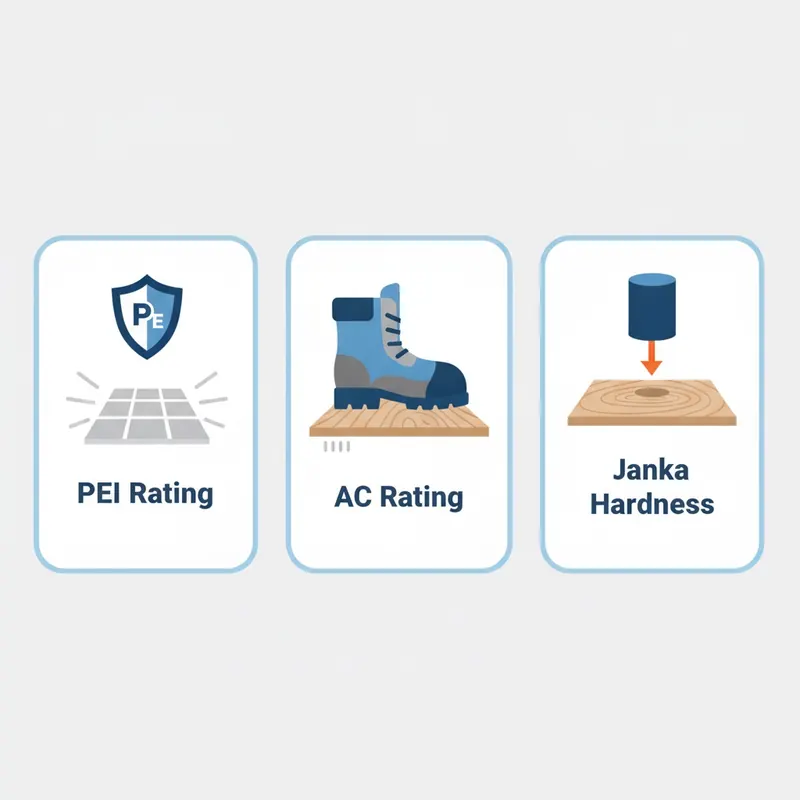 Infographic illustrating three flooring durability ratings: PEI Rating for tile, AC Rating for laminate, and Janka Hardness for wood.