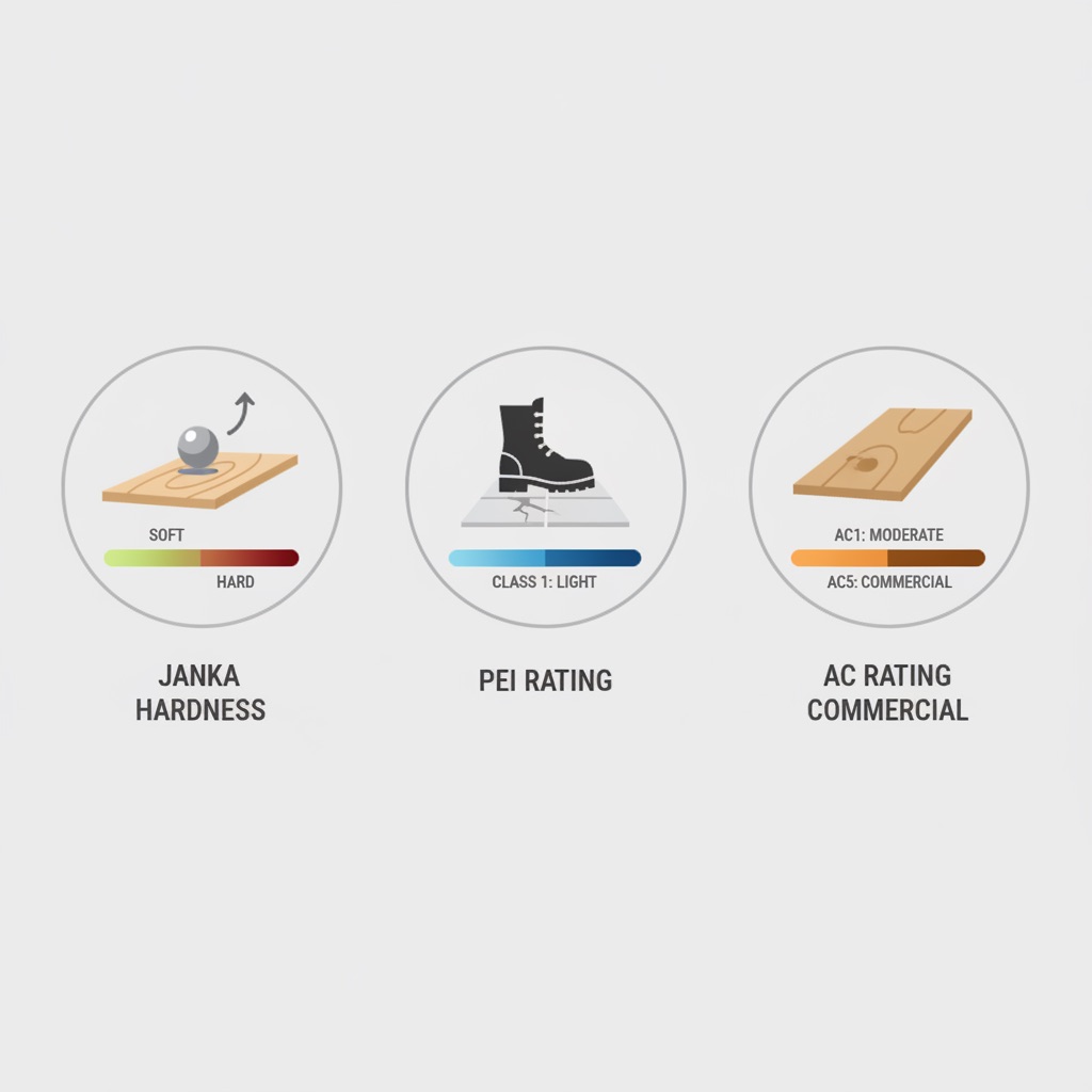 An infographic explaining flooring durability ratings with icons for Janka Hardness, PEI Rating for tile, and AC Rating for laminate.