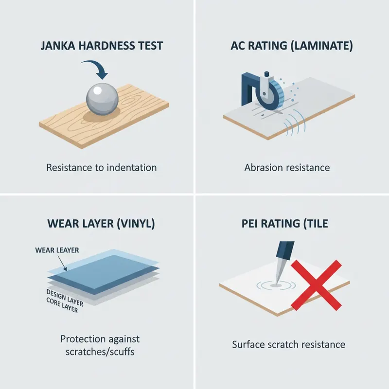 A clean, modern infographic illustration on a light gray background, divided into four quadrants. Each quadrant visually explains a key flooring durability test: one shows a steel ball pressing into a wood plank ('Janka Test'), another shows a machine scuffing a laminate board ('AC Rating'), a third shows a magnified cross-section of a vinyl plank highlighting its protective top layer ('Wear Layer'), and the last shows a sharp point failing to scratch a tile ('PEI Rating'). Style: Flat design, technical diagrams, clear labels, and a professional color palette of blues and grays.