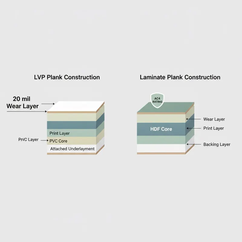 An infographic showing cross-sections of LVP and laminate flooring, highlighting key durability specs like a 20 mil Wear Layer and an AC4 Rating HDF Core.