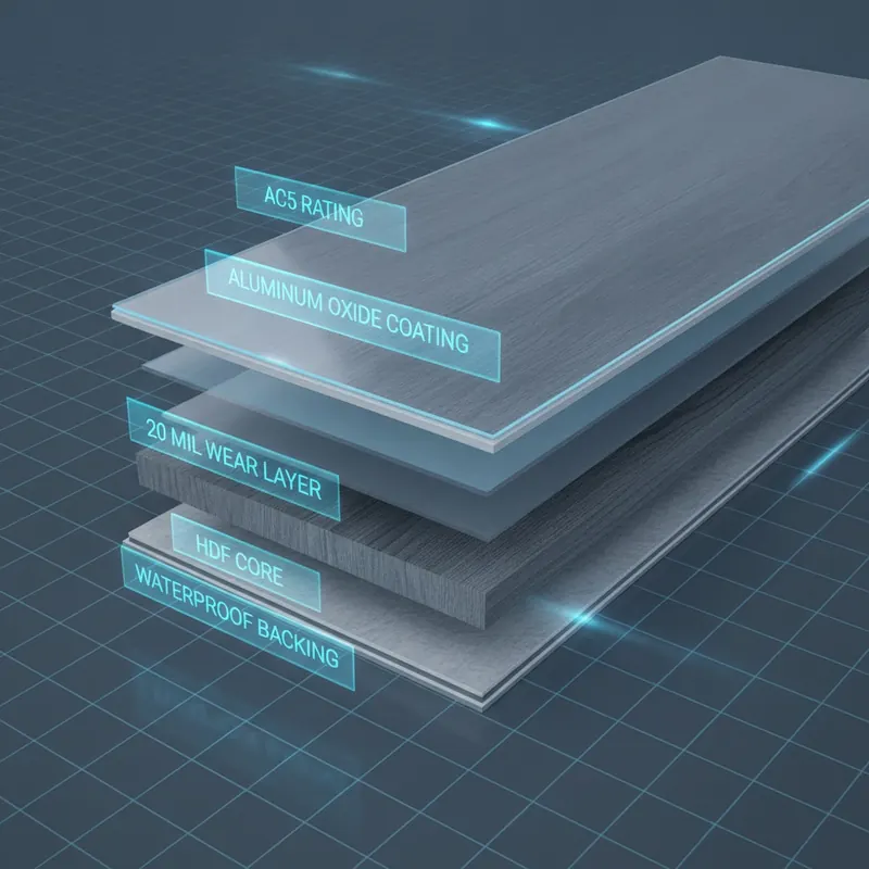 A sleek, futuristic illustration showing a cross-section of a flooring plank. Above it, glowing holographic labels point to different layers, displaying technical data like 'AC5 RATING', '20 MIL WEAR LAYER', and 'ALUMINUM OXIDE COATING'. The image visualizes the invisible technology that makes a floor durable.