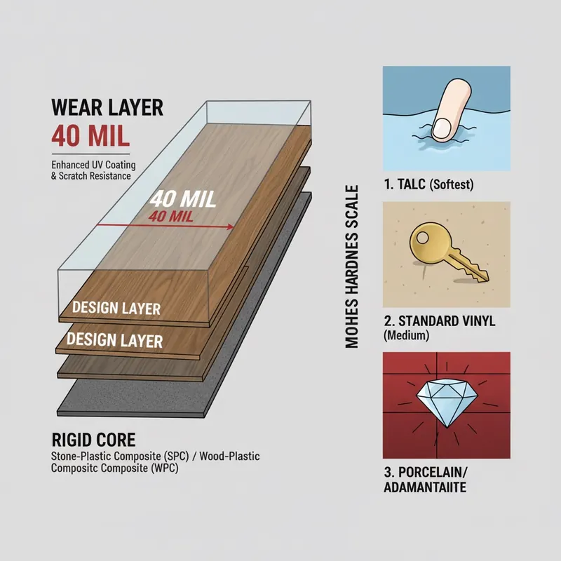 Infographic illustrating a cross-section of flooring with a thick wear layer measured in mils and a simplified Mohs Hardness Scale showing resistance to scratching from soft to diamond-hard materials.