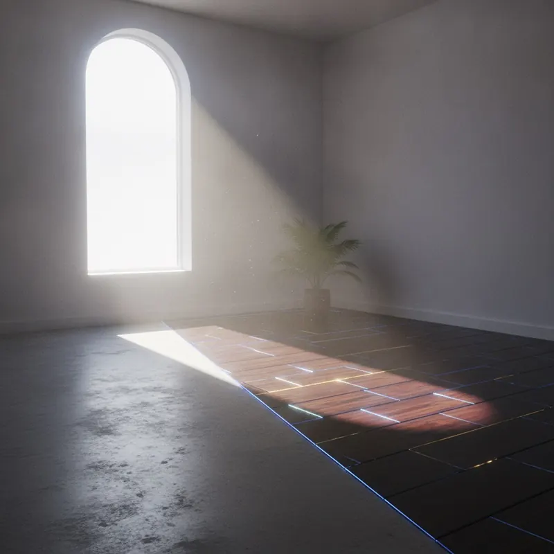 Sunbeam from a window hits a floor, showing one half faded and bleached while the other half, representing Adamantine flooring, remains vibrant and protected from UV rays.