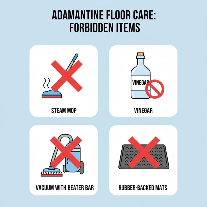 Infographic showing a red 'X' over a steam mop, a vacuum with a beater bar, a bottle of vinegar, and a rubber-backed mat, representing items to avoid for Adamantine floor care.