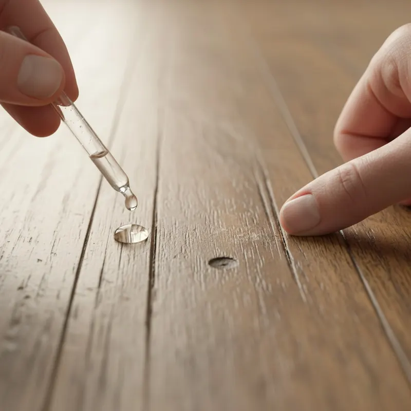 Close-up image demonstrating two diagnostic tests for floor damage: a water drop test on a scratched hardwood floor and a fingernail test across a scratch.