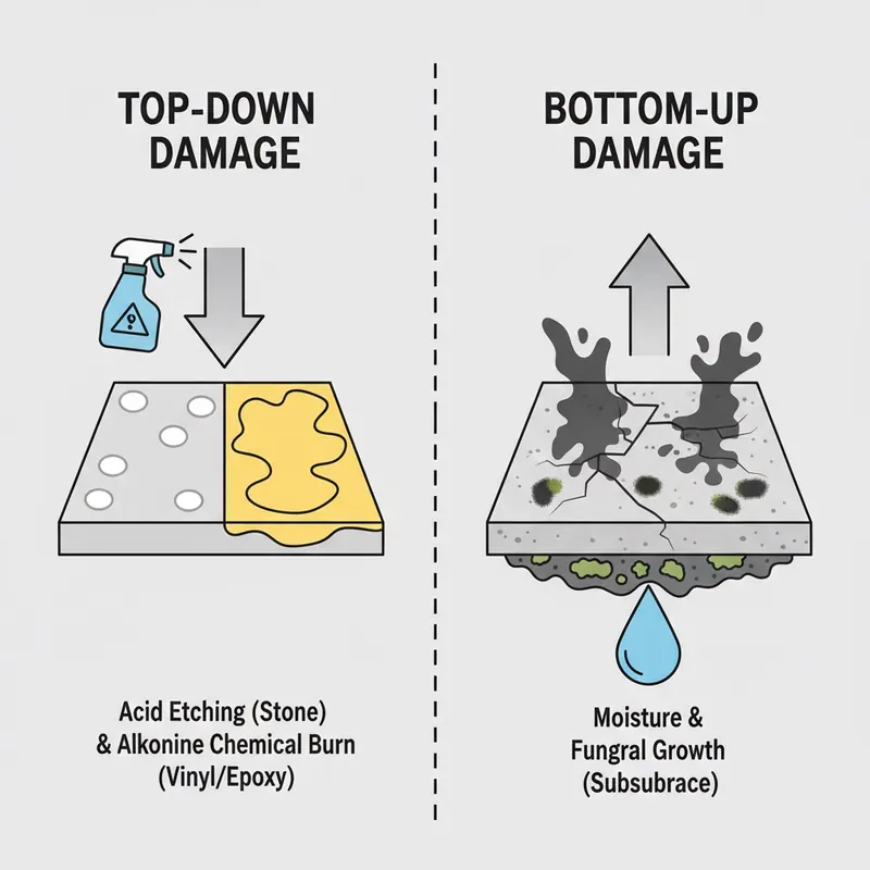 A side-by-side comparison illustration of 'Top-Down' vs. 'Bottom-Up' floor damage. Left panel: 'Top-Down' damage showing distinct white spots (acid etching on stone) and widespread yellowing (alkaline chemical burn on vinyl or epoxy) on the surface of a floor, with a cleaning bottle icon above and an arrow pointing down. Right panel: 'Bottom-Up' damage showing dark, spreading shadows and subtle fungal growth appearing to originate from beneath the floor surface, with a water droplet icon below and an arrow pointing up.