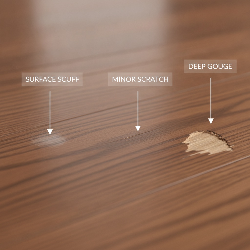 Diagram showing a cross-section of a wood floor with three levels of damage: a surface scuff, a minor scratch in the finish, and a deep gouge into the wood.