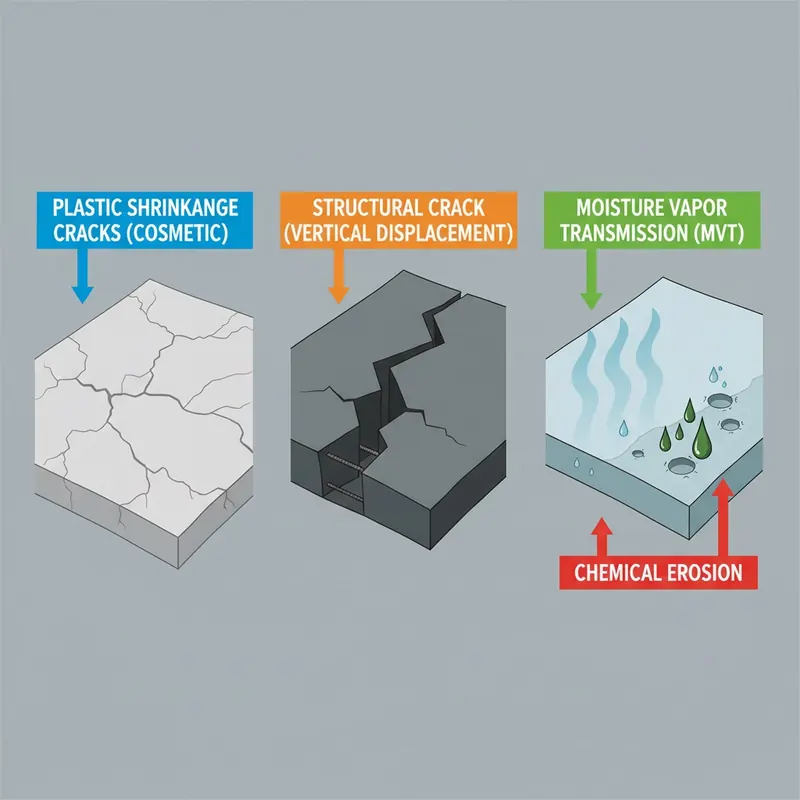 An infographic-style illustration depicting common industrial floor failures. The image is split into sections: one showing a concrete slab with fine, web-like 'plastic shrinkage cracks' (cosmetic), another with a deep, wide 'structural crack' showing vertical displacement, and a third section with abstract representations of moisture vapor rising through the slab (MVT) and corrosive chemical droplets eroding the surface.