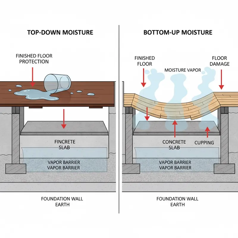 A clear, technical cross-section illustration of a house foundation and floor, divided vertically to show two distinct moisture threats. On the left side, labeled 'Top-Down Moisture', a spilled glass of water is shown on the finished floor surface, with water droplets pooling on top, indicating surface-level protection. On the right side, labeled 'Bottom-Up Moisture', subtle moisture vapor is shown rising from a damp concrete slab or crawlspace, permeating the subfloor and causing visible damage like cupping or swelling to the finished flooring from underneath. Use distinct arrows to indicate the direction of moisture movement. Style: detailed technical drawing, realistic yet simplified, with clear labels and a focus on the floor layers.
