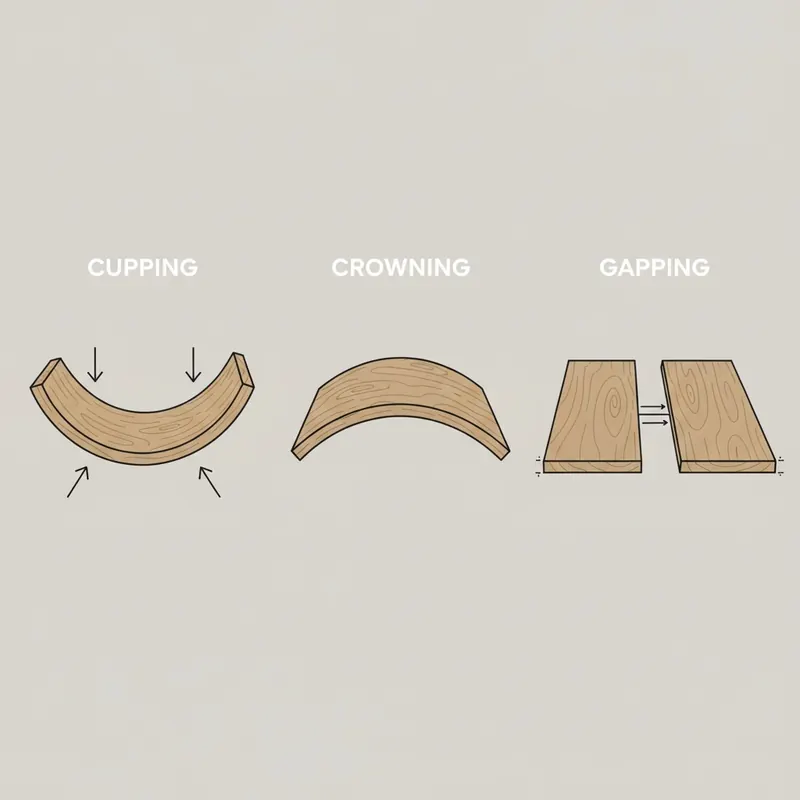 Three-panel illustration showing cupping, crowning, and gapping in wood floor planks.