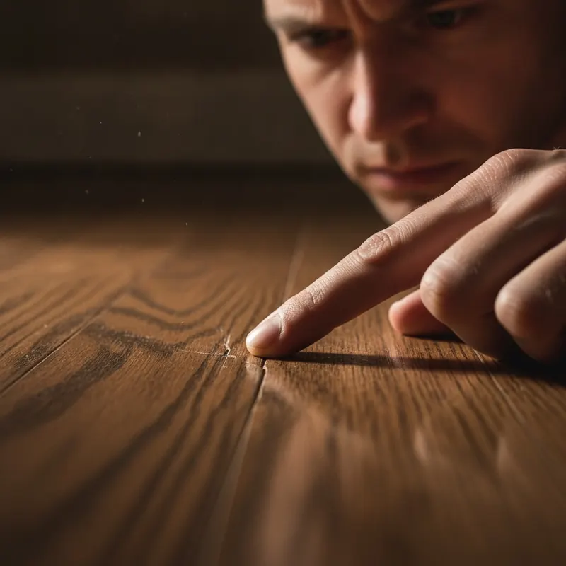 A close-up macro photo of a finger inspecting a deep scratch on a hardwood floor to determine if it is in the finish or the wood itself.