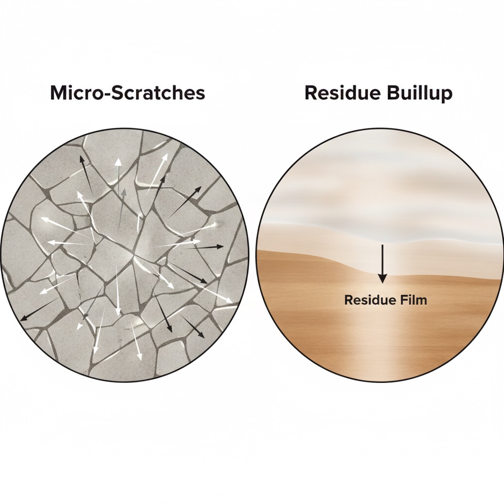 A split-panel scientific illustration comparing two flooring surfaces. The left panel shows micro-scratches scattering light, causing dullness. The right panel shows a cloudy residue buildup obscuring the floor's finish.