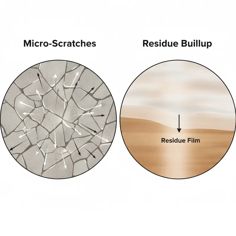 A split-panel scientific illustration comparing two flooring surfaces. The left panel shows micro-scratches scattering light, causing dullness. The right panel shows a cloudy residue buildup obscuring the floor's finish.