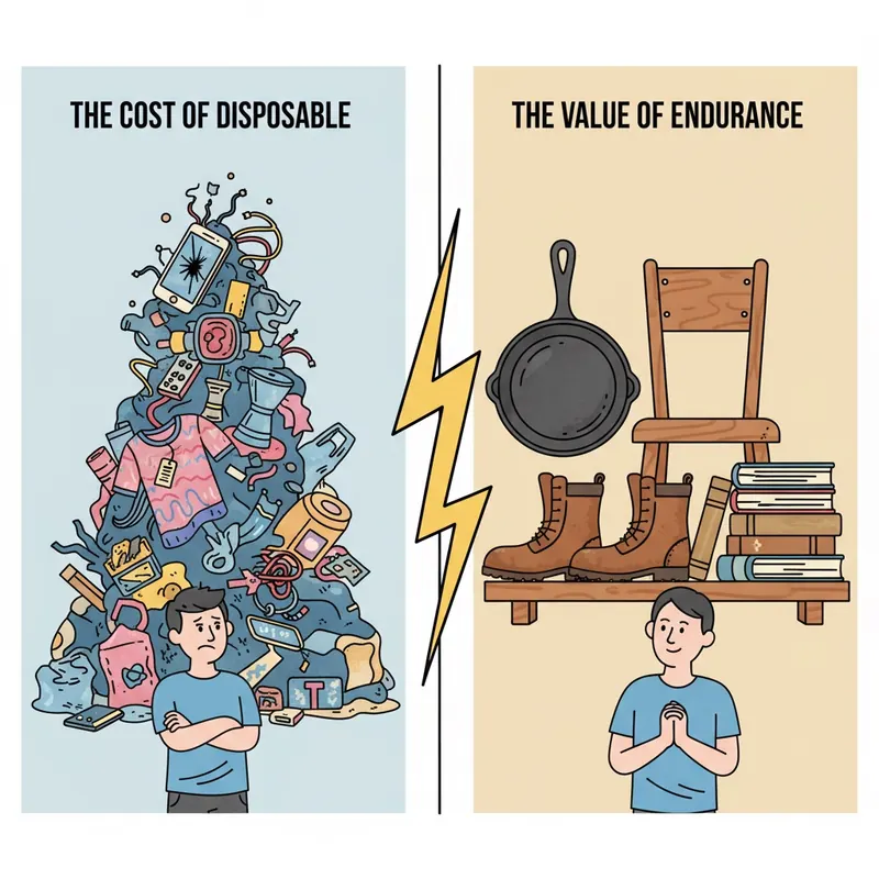 A split-panel illustration comparing a chaotic pile of broken, discarded modern consumer goods in a landfill with a serene display of classic, durable items like a cast iron skillet and leather boots.