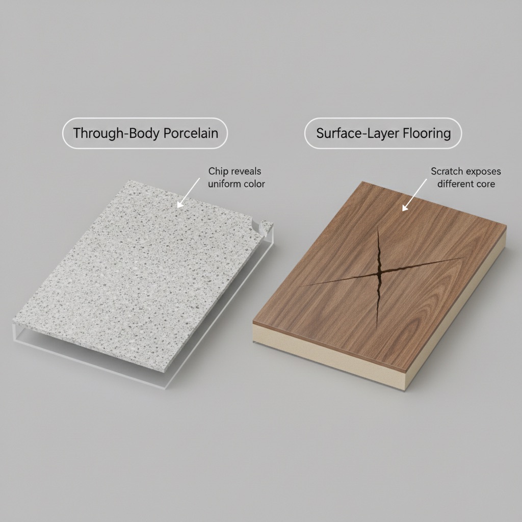 A 3D comparison showing a chipped through-body porcelain tile with consistent color, versus a scratched surface-layer tile revealing a different core material.