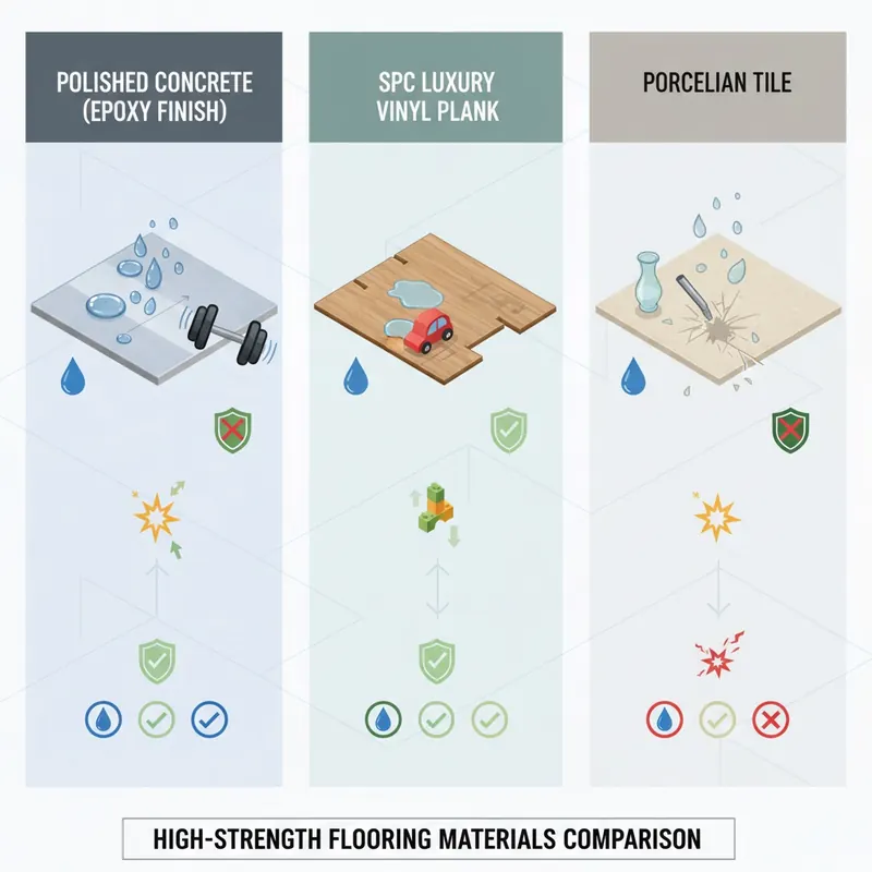 A visually engaging comparison matrix or infographic showcasing three distinct high-strength flooring materials. Each material is presented in its own panel: 1) Polished concrete with an epoxy finish, demonstrating water beading off, a key attempting to scratch it with no effect, and a heavy object (e.g., a dumbbell) bouncing off its surface. 2) SPC (Stone Plastic Composite) Luxury Vinyl Plank, depicted with water pooling on its surface without penetration, a scratch test showing only minor marks, and a moderate impact (e.g., a child's toy dropping) resulting in slight absorption. 3) Porcelain Tile, showing water completely repelled, a deep scratch test failing, and a glass object shattering upon impact (emphasizing its hardness but also brittleness). Use small, consistent icons for water resistance, scratch resistance, and impact resistance in each panel. Style: clean, illustrative, slightly isometric 3D elements for the materials, clear visual cues for durability levels.