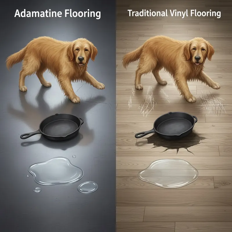 An illustration comparing the durability of Adamantine and Vinyl flooring, showing Adamantine resisting scratches, impacts, and water, while Vinyl shows damage.
