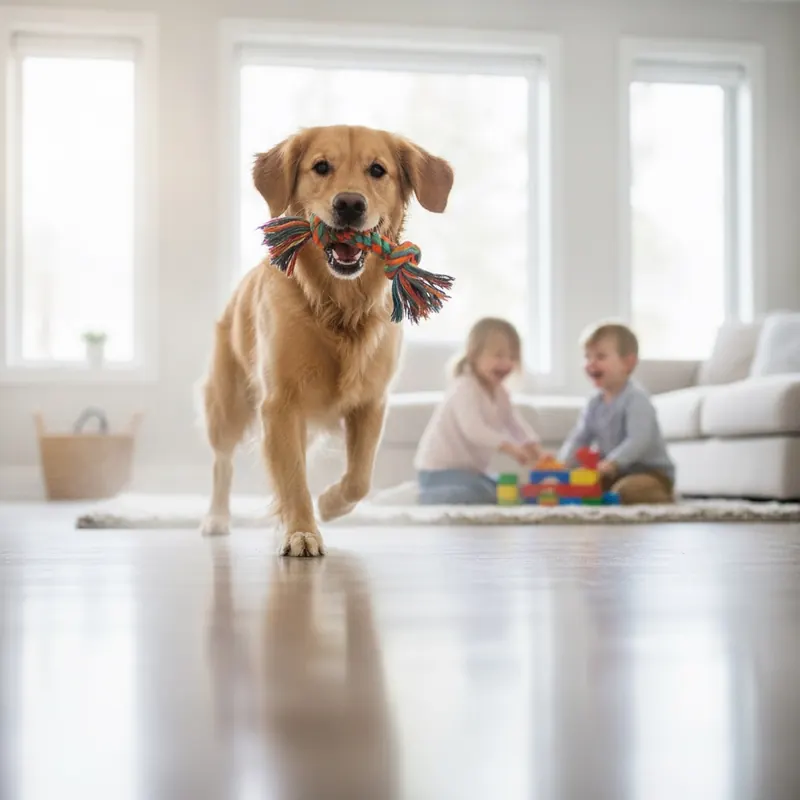 A low-angle shot of a pristine living room floor with a happy golden retriever skidding on it, demonstrating the floor's durability in a real-life family setting.