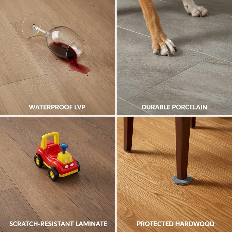 A split-screen image showing four durable flooring types: LVP resisting a wine spill, porcelain tile resisting a dog's claw, laminate resisting a toy car, and hardwood protected by a furniture pad.