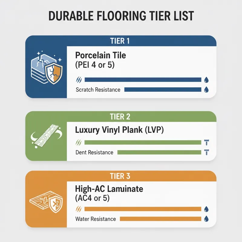 A clean, modern infographic-style illustration depicting a 'Durable Flooring Tier List.' Create three distinct vertical tiers or columns. Tier 1 (top): Porcelain Tile (PEI 4 or 5) with an icon of a strong, unbreakable tile. Tier 2 (middle): Luxury Vinyl Plank (LVP) with an icon of a flexible, water-resistant plank. Tier 3 (bottom): High-AC Laminate (AC4 or AC5) with an icon of a scratch-resistant board. For each tier, include small, clear icons or progress bars indicating its resistance levels for 'Scratch,' 'Dent,' and 'Water.' Use a vibrant yet professional color scheme.
