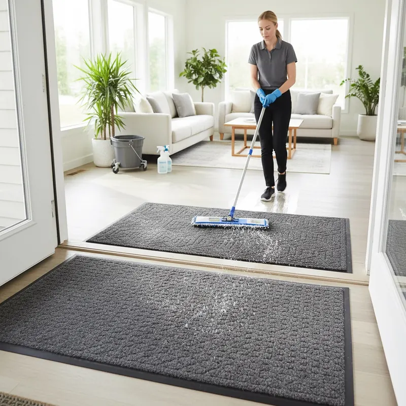 Image showing an efficient cleaning crew member mopping a seamless floor in a vacation rental entryway with a multi-layered walk-off mat system, emphasizing fast cleaning and dirt prevention.