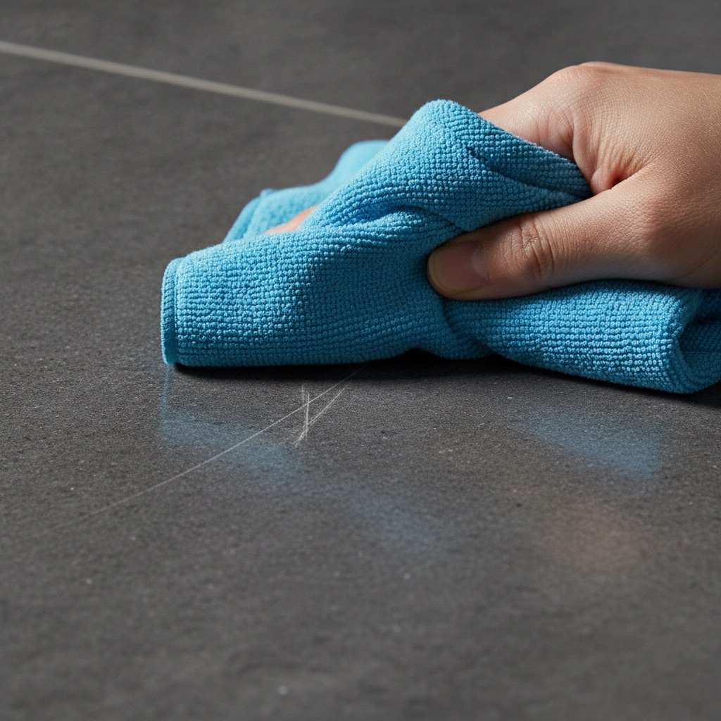 A close-up, macro-style photograph of a person's hand easily buffing out a minor surface scuff on a dark, stone-look Adamantine floor tile with a clean microfiber cloth. The lighting should be dramatic, highlighting the before-and-after effect in a single frame, with half the scuff magically disappearing. The image should convey a sense of ease and effective repair.