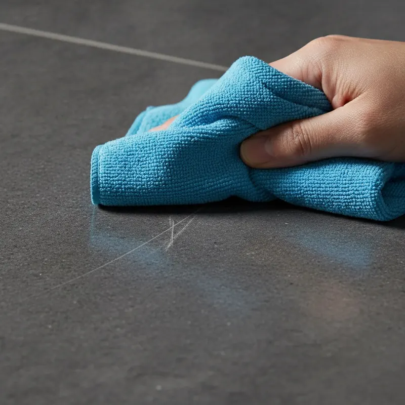 A close-up, macro-style photograph of a person's hand easily buffing out a minor surface scuff on a dark, stone-look Adamantine floor tile with a clean microfiber cloth. The lighting should be dramatic, highlighting the before-and-after effect in a single frame, with half the scuff magically disappearing. The image should convey a sense of ease and effective repair.