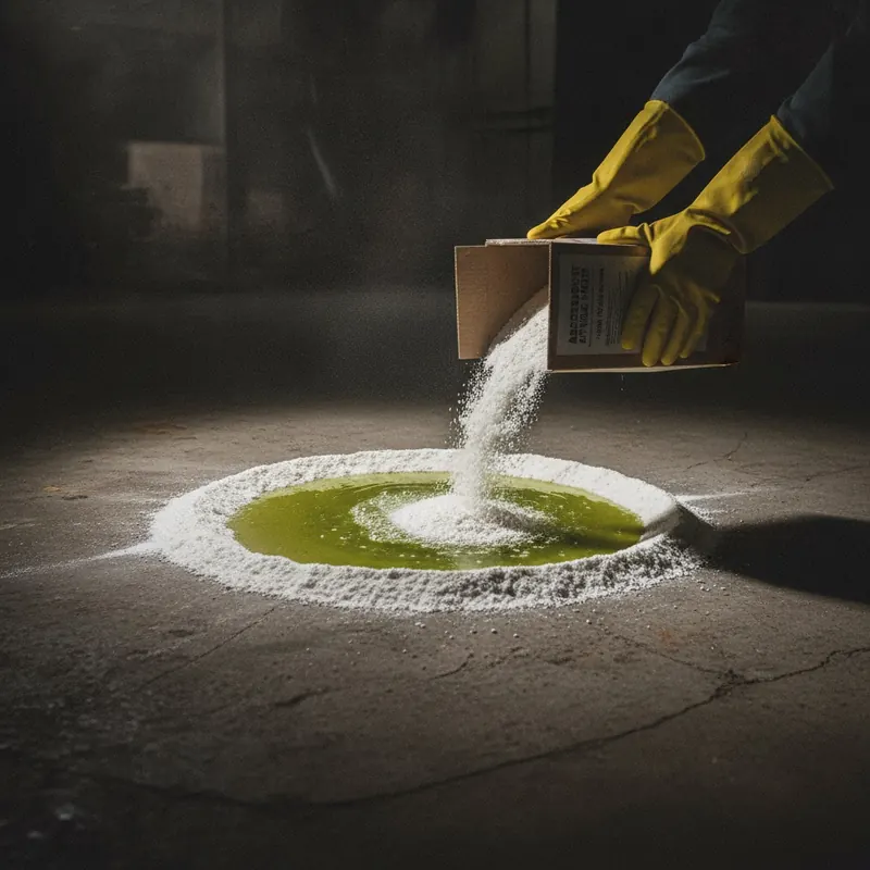 A person wearing yellow gloves uses a white absorbent powder to create a dam around a chemical spill on a dark floor, demonstrating proper containment.