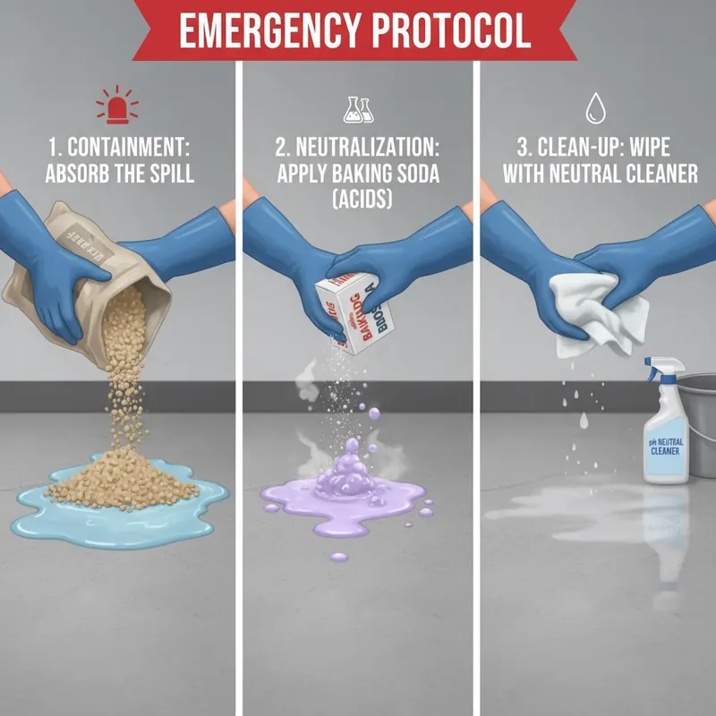A dynamic, multi-panel infographic illustrating the emergency chemical spill triage steps. Panel 1: Gloved hands quickly containing a spreading liquid spill with absorbent material (e.g., kitty litter). Panel 2: The same gloved hands applying baking soda to neutralize an acidic spill. Panel 3: Thoroughly cleaning the absorbed and neutralized area with a pH-neutral cleaner and microfiber towels. Emphasize urgency, safety (gloves), and distinct actions. Style: clear, sequential illustration, slightly muted but realistic colors, focusing on the hands and floor.