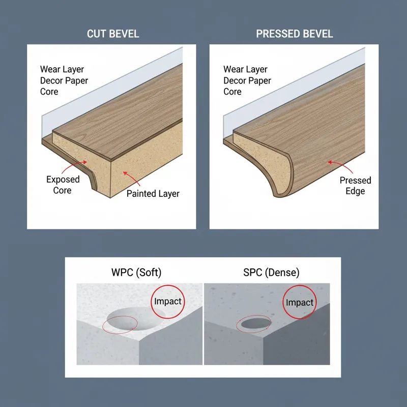 A comparative diagram illustrating a cut bevel edge exposing the core versus a pressed bevel edge protecting it, alongside a comparison of soft WPC core denting versus rigid SPC core resisting impact.
