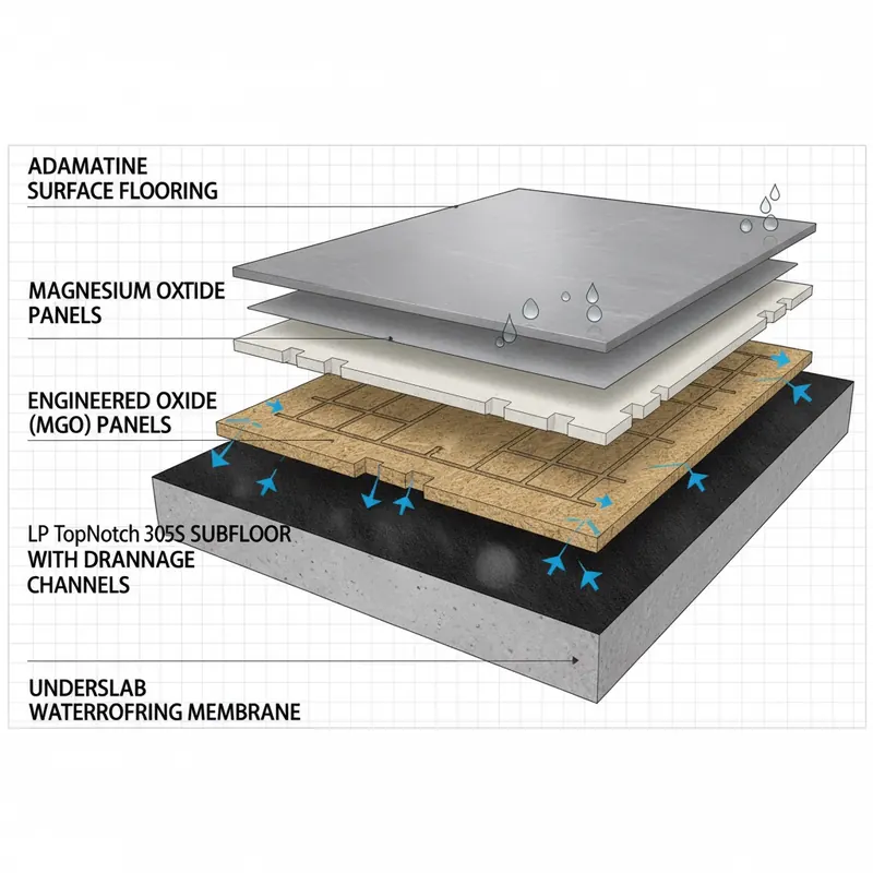 A detailed, layered cross-section diagram of a residential floor illustrating a complete 'waterproof ecosystem'. From top to bottom: Adamantine surface flooring, followed by a layer of Magnesium Oxide (MGO) panels, then an engineered OSB subfloor (like LP TopNotch 350 with visible drainage channels), and finally, for concrete slabs, an underslab waterproofing membrane. Each layer should be clearly labeled and appear integrated, showcasing a robust, multi-tiered defense against moisture.