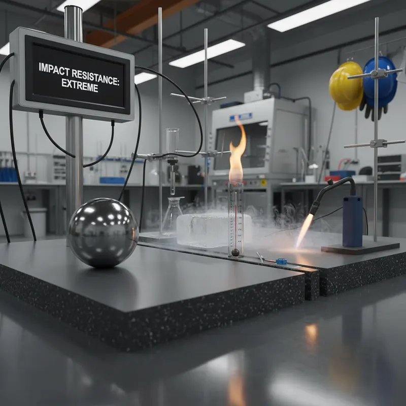 A photorealistic image of an industrial laboratory setting. In the foreground, a sample of high-performance flooring material (e.g., a thick slab of epoxy-aggregate or polyurethane concrete) is undergoing rigorous testing. One test shows a heavy steel ball impacting the surface, creating no visible damage, with a digital display showing 'Impact Resistance: EXTREME'. Another test subtly depicts thermal shock, with elements of ice and flame near the material, and a thermometer showing extreme temperature ranges. Scientific equipment and safety gear are visible in the background.