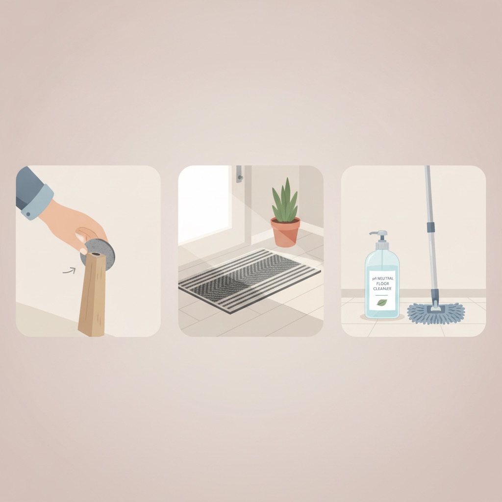 A triptych of illustrations showing essential floor care: applying a felt pad to a chair leg, a doormat, and a pH-neutral cleaner with a mop.