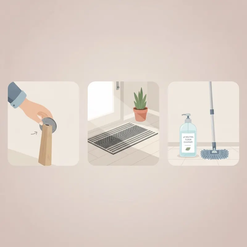 A triptych of illustrations showing essential floor care: applying a felt pad to a chair leg, a doormat, and a pH-neutral cleaner with a mop.