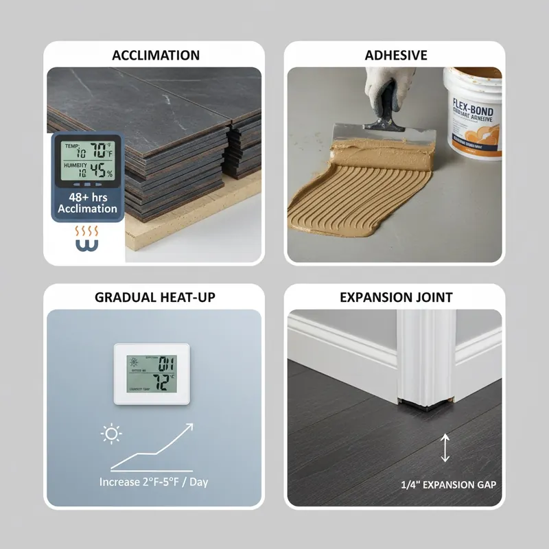 A four-panel infographic illustrating key installation protocols for adamantine flooring over radiant heating: material acclimation, use of polymer-modified adhesives, gradual heat-up, and maintaining expansion joints.