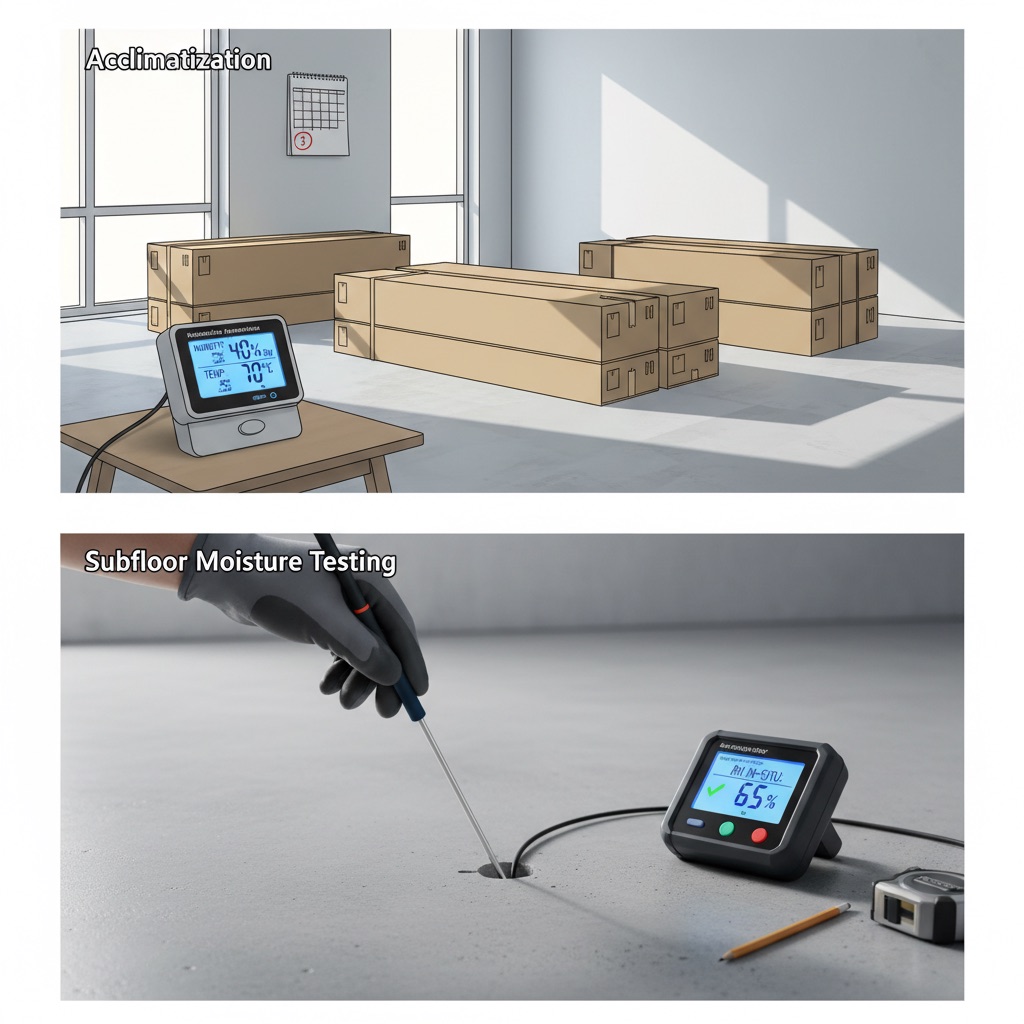 A multi-scene illustration depicting crucial pre-installation steps for flooring. Scene 1: 'Acclimatization' - stacks of unopened engineered wood flooring boxes laid flat in a room, with a digital hygrometer on a nearby table showing optimal humidity (e.g., 40%). Scene 2: 'Subfloor Moisture Testing' - a hand inserting a relative humidity (RH) probe into a concrete subfloor, with a digital readout showing a safe moisture level. The overall scene should convey preparedness and attention to detail.