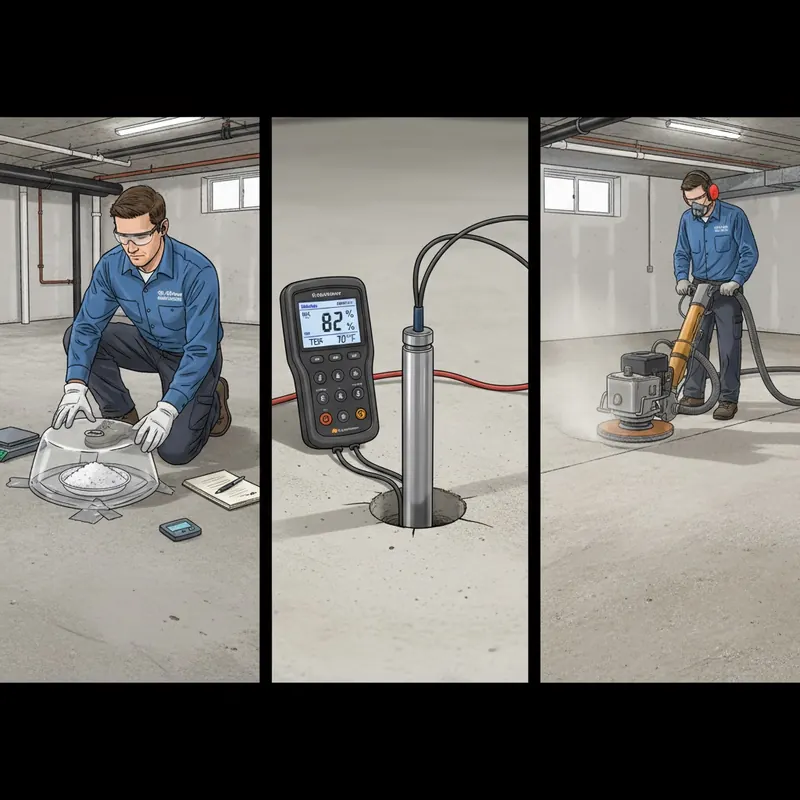 A multi-panel illustration showing a calcium chloride moisture test, an in-situ RH probe test, and a concrete floor being mechanically ground to a CSP 2-3 profile for subfloor preparation.